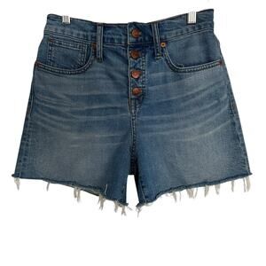 Madewell High Rise Button Fly Denim Shorts Frayed Hem Blue Women’s Sz 26 H6543
